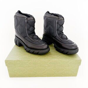 Gucci Romance GG Quilted Snow Boot EU 42 US 12 Black Nylon Leather Puffer Combat